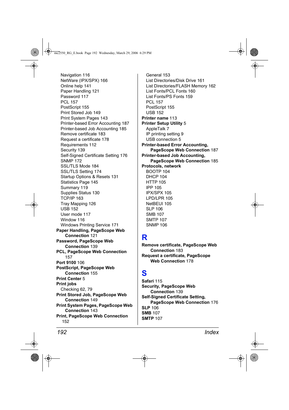 R to s, Index 192 | Konica Minolta Magicolor 2550DN User Manual | Page 208 / 210