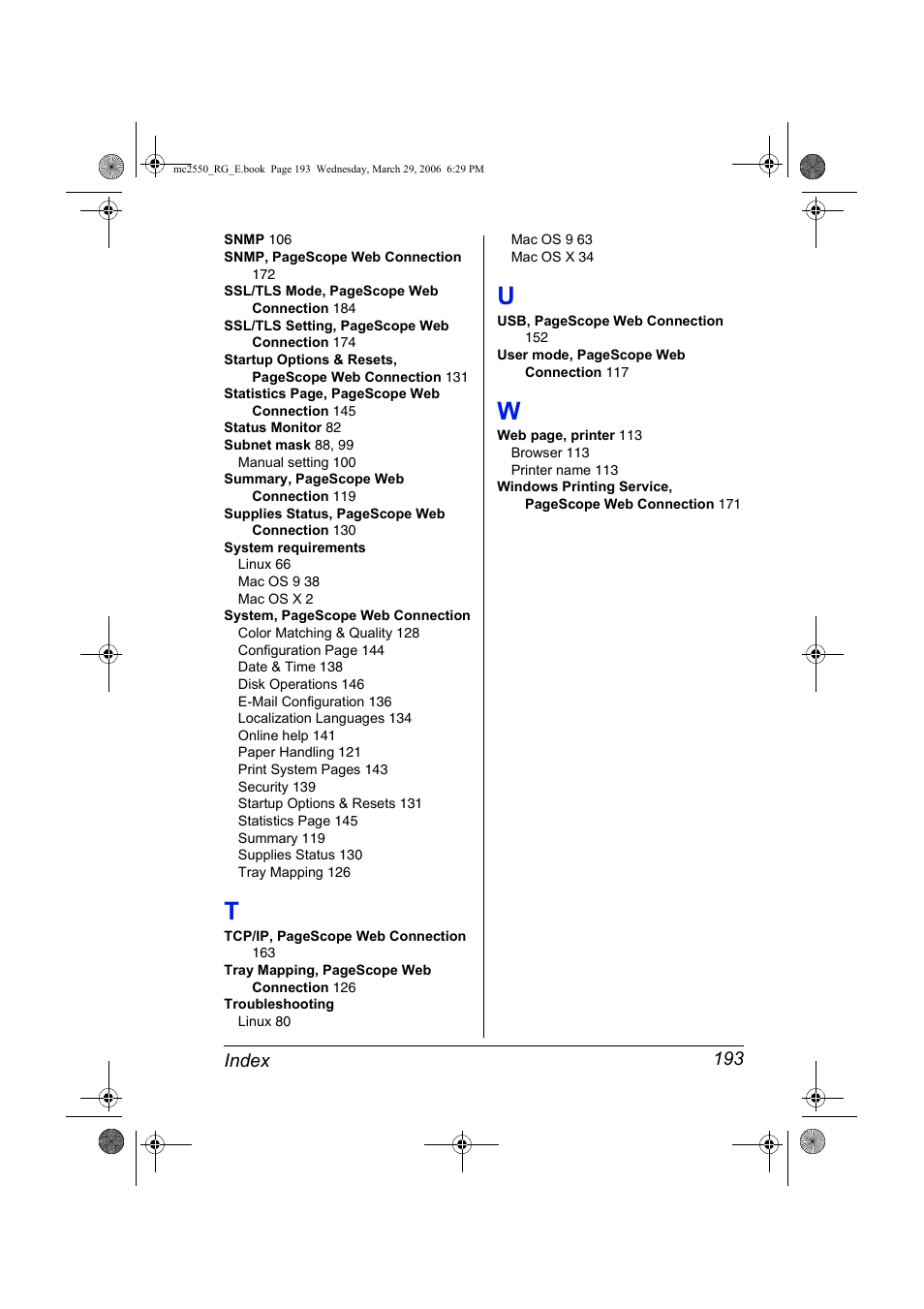 T to w, Index 193 | Konica Minolta Magicolor 2550DN User Manual | Page 209 / 210