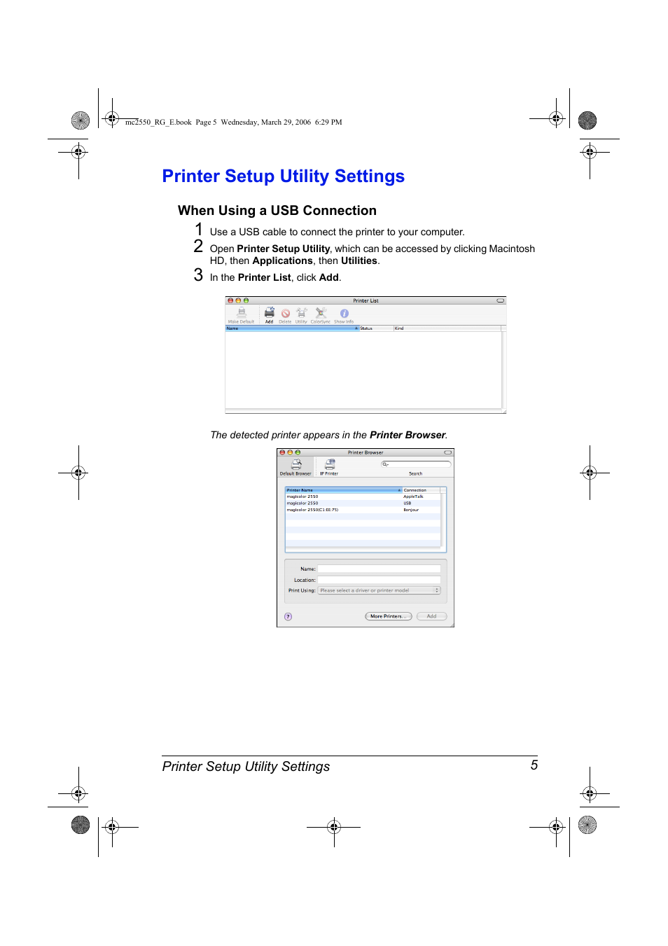Printer setup utility settings, When using a usb connection, Printer setup utility settings 5 | When using a usb connection 5 | Konica Minolta Magicolor 2550DN User Manual | Page 21 / 210