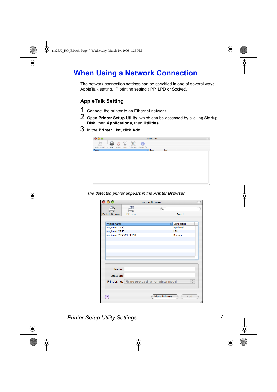 When using a network connection, Appletalk setting, When using a network connection 7 | Appletalk setting 7 | Konica Minolta Magicolor 2550DN User Manual | Page 23 / 210