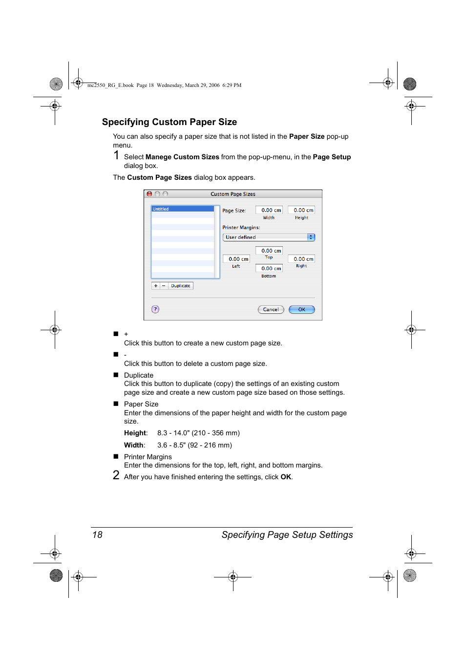 Specifying custom paper size, Specifying custom paper size 18 | Konica Minolta Magicolor 2550DN User Manual | Page 34 / 210
