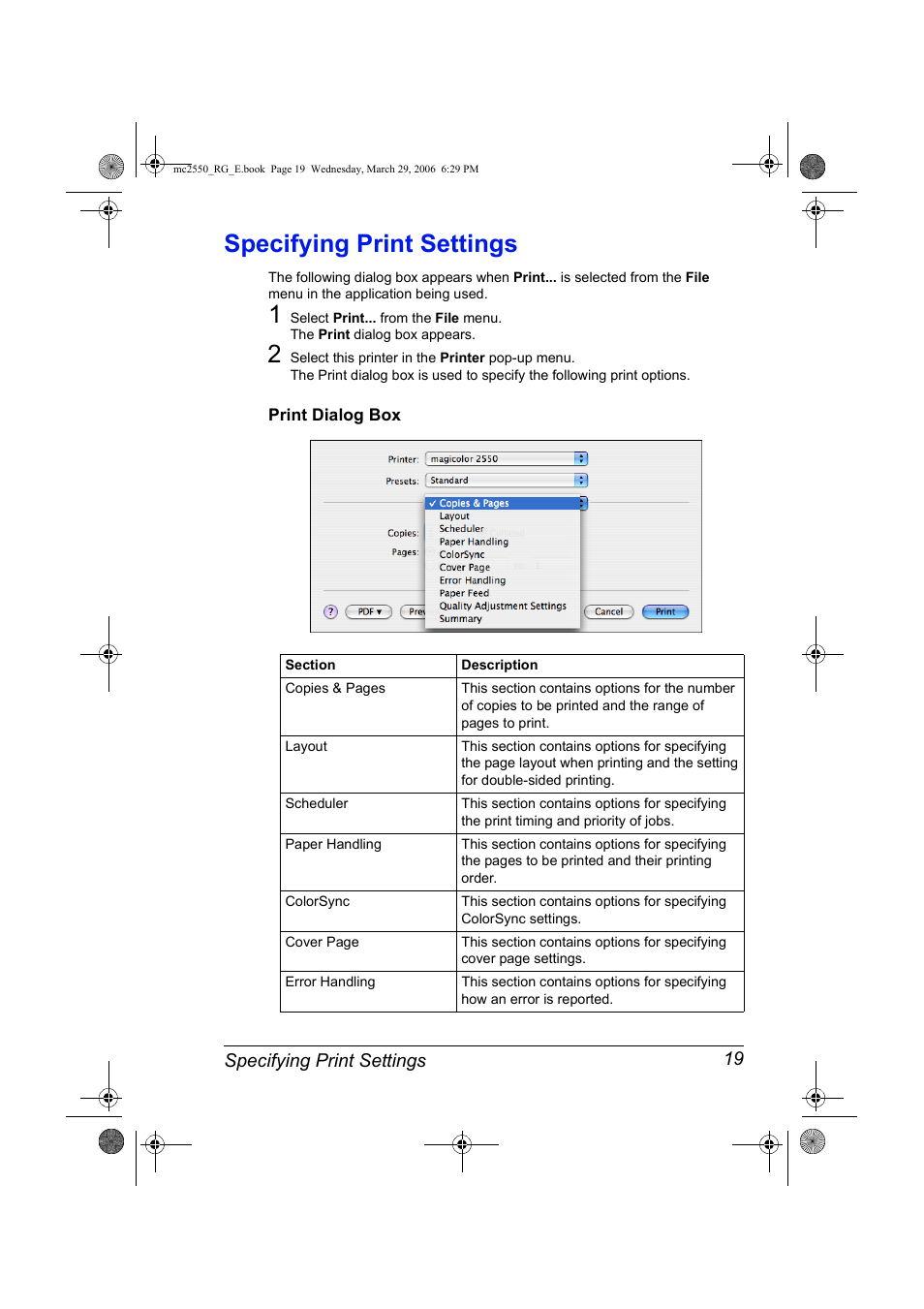 Specifying print settings, Print dialog box, Specifying print settings 19 | Print dialog box 19 | Konica Minolta Magicolor 2550DN User Manual | Page 35 / 210