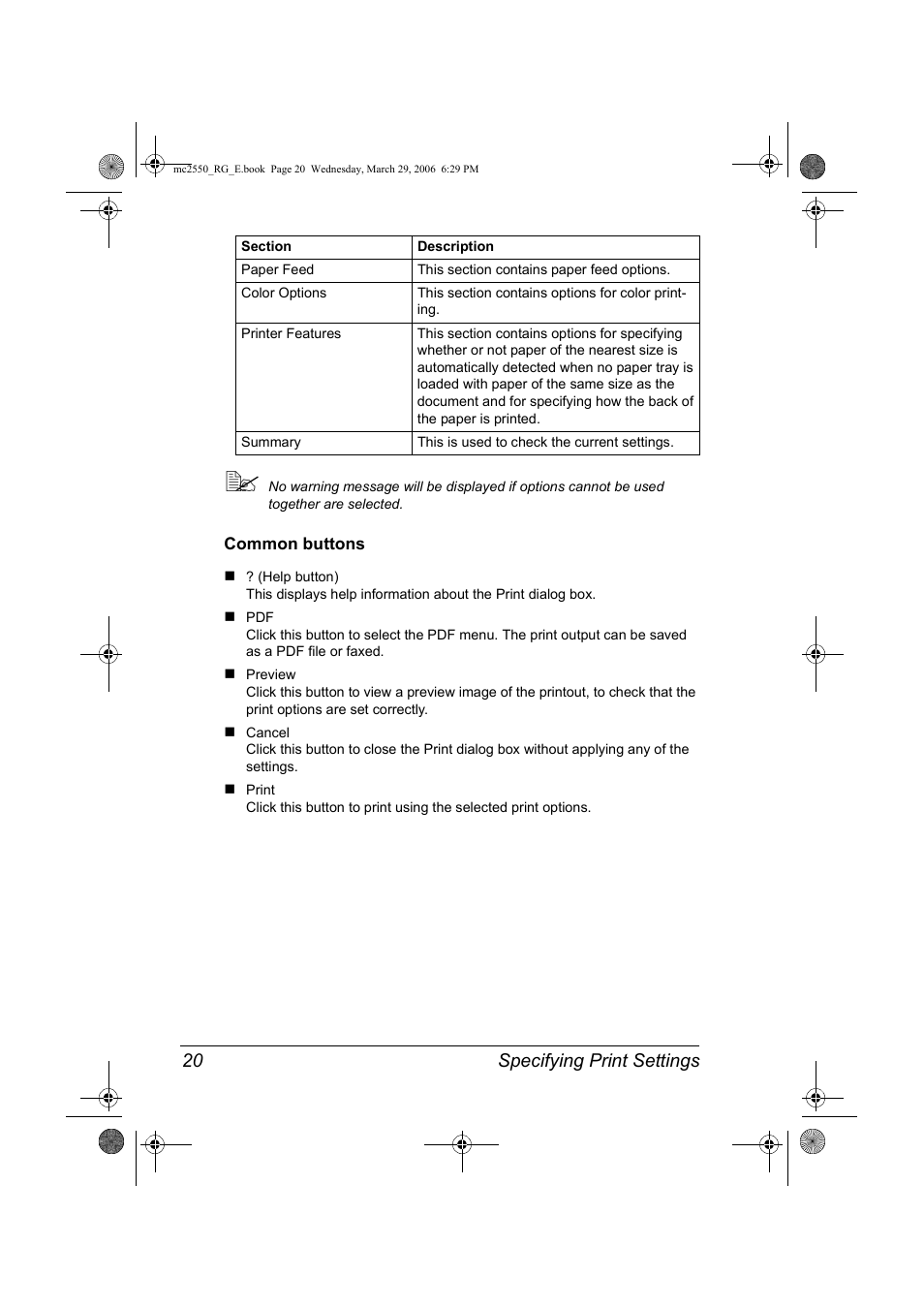 Common buttons, Common buttons 20, Specifying print settings 20 | Konica Minolta Magicolor 2550DN User Manual | Page 36 / 210