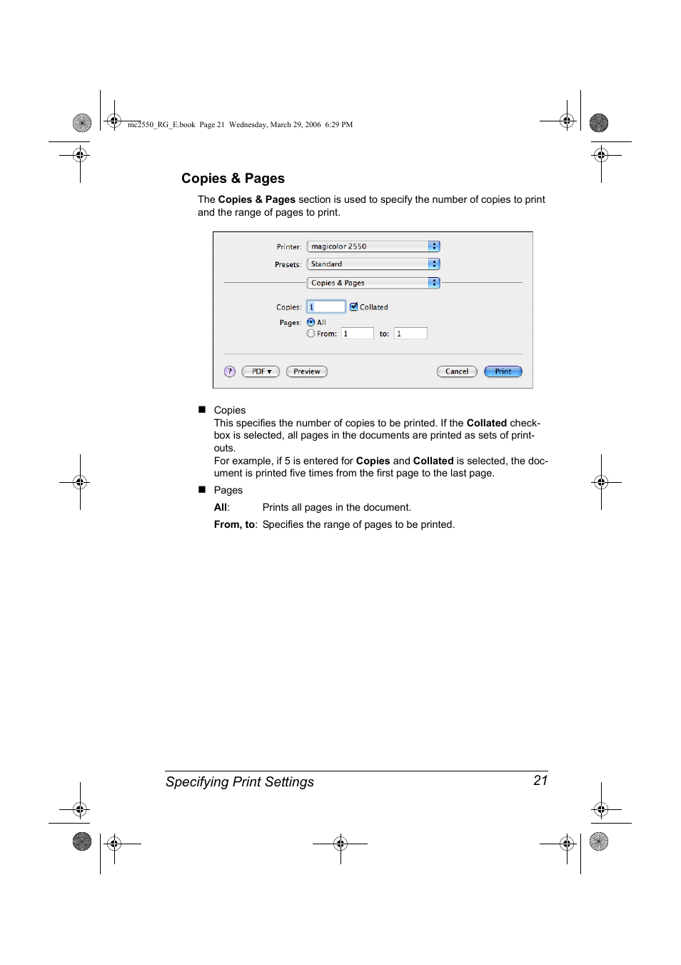 Specifying print settings 21 copies & pages | Konica Minolta Magicolor 2550DN User Manual | Page 37 / 210