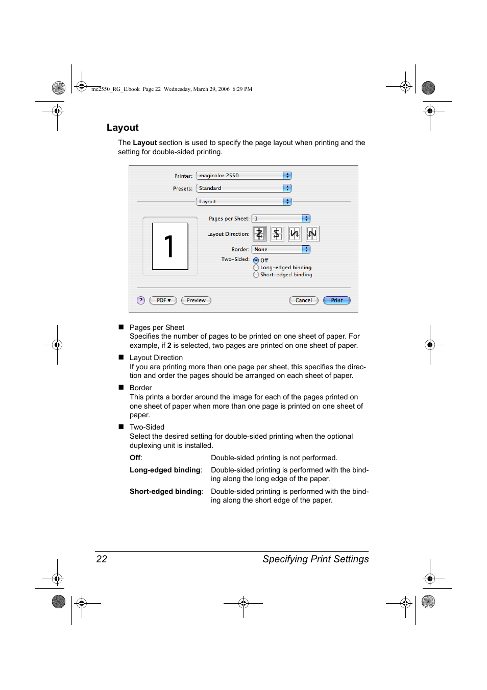 Layout, Specifying print settings 22 layout | Konica Minolta Magicolor 2550DN User Manual | Page 38 / 210