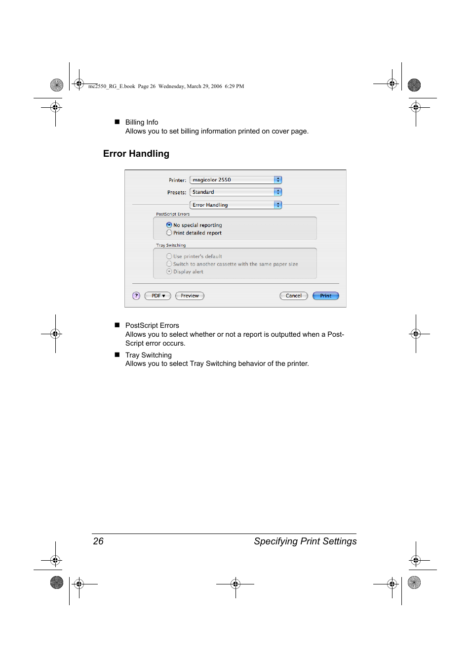 Error handling, Error handling 26, Specifying print settings 26 | Konica Minolta Magicolor 2550DN User Manual | Page 42 / 210