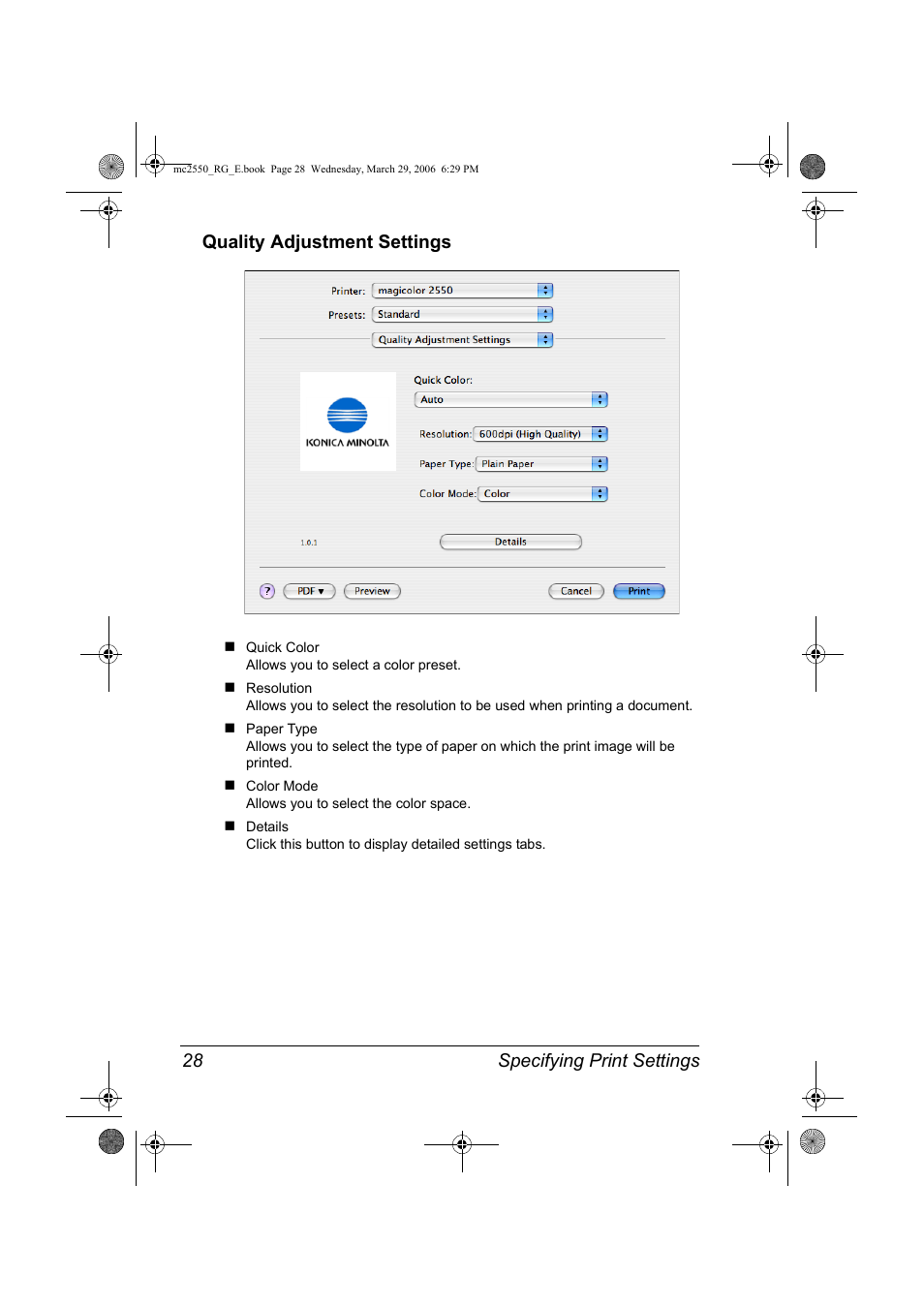 Quality adjustment settings, Quality adjustment settings 28 | Konica Minolta Magicolor 2550DN User Manual | Page 44 / 210