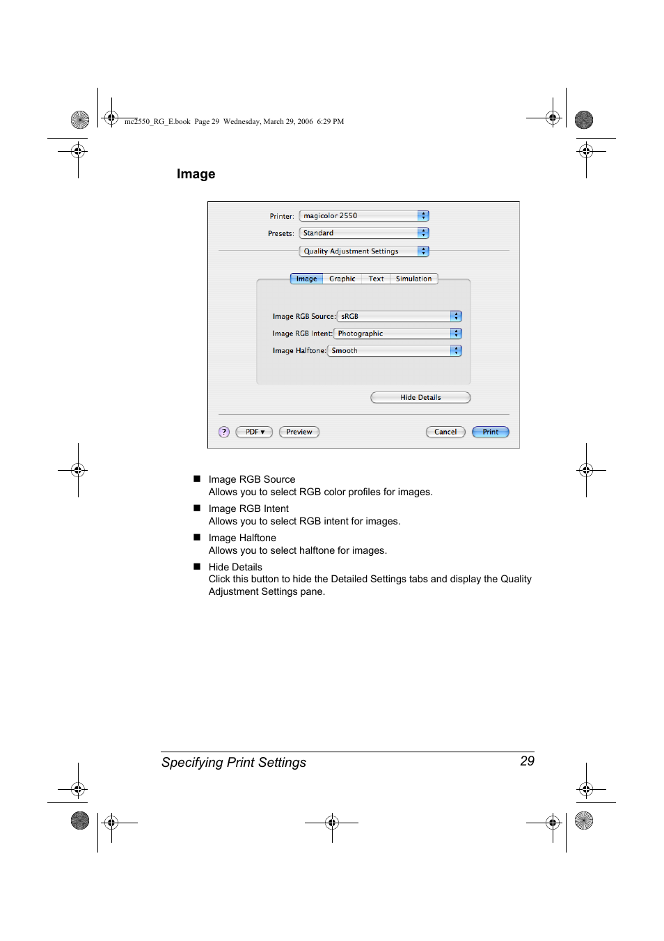 Image, Image 29, Specifying print settings 29 image | Konica Minolta Magicolor 2550DN User Manual | Page 45 / 210