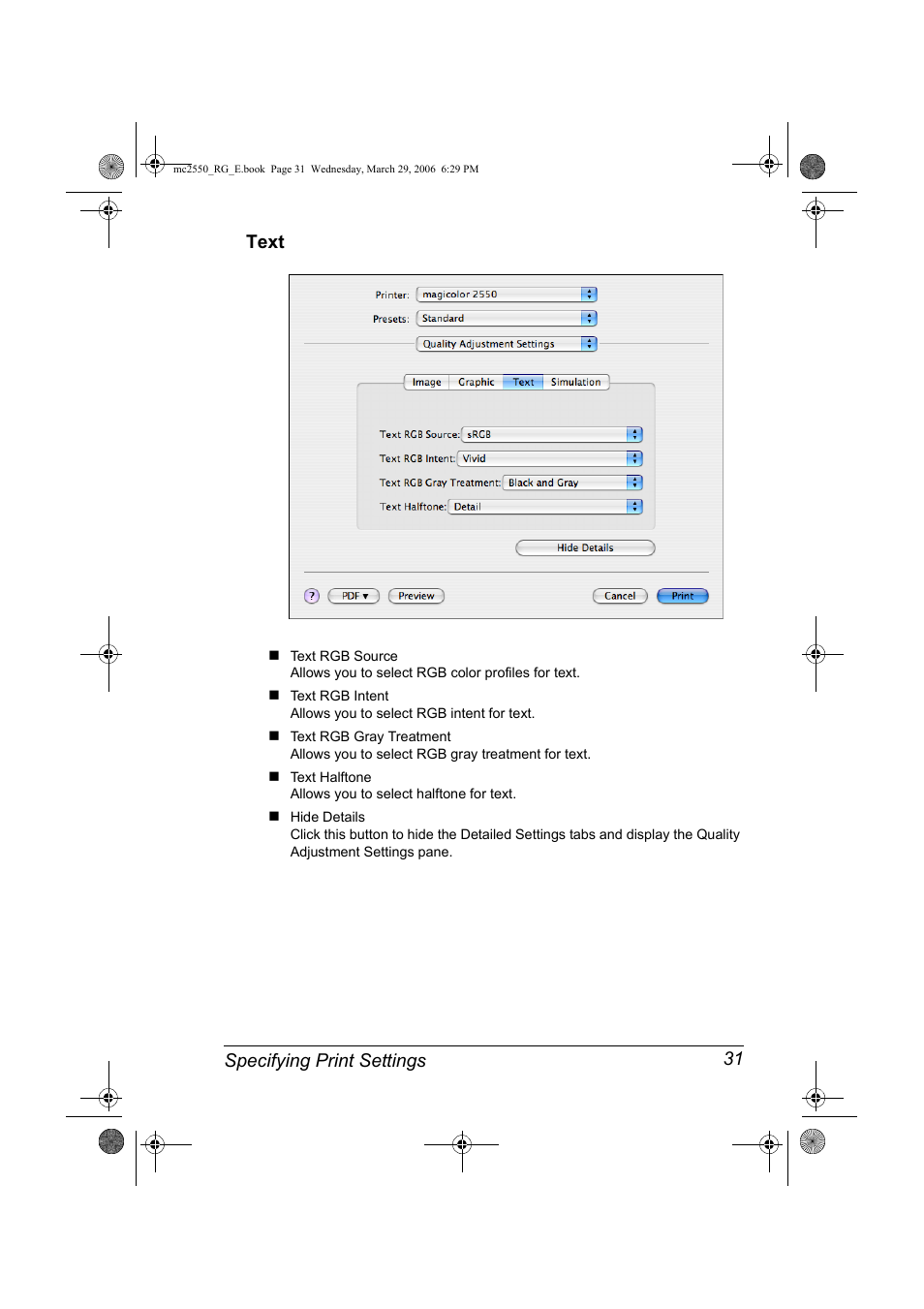 Text, Text 31, Specifying print settings 31 text | Konica Minolta Magicolor 2550DN User Manual | Page 47 / 210