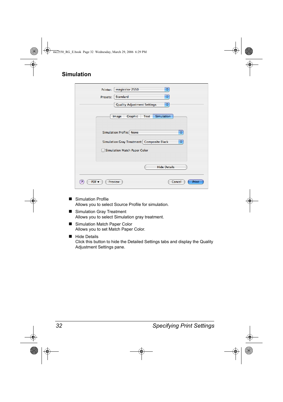 Simulation, Simulation 32, Specifying print settings 32 simulation | Konica Minolta Magicolor 2550DN User Manual | Page 48 / 210