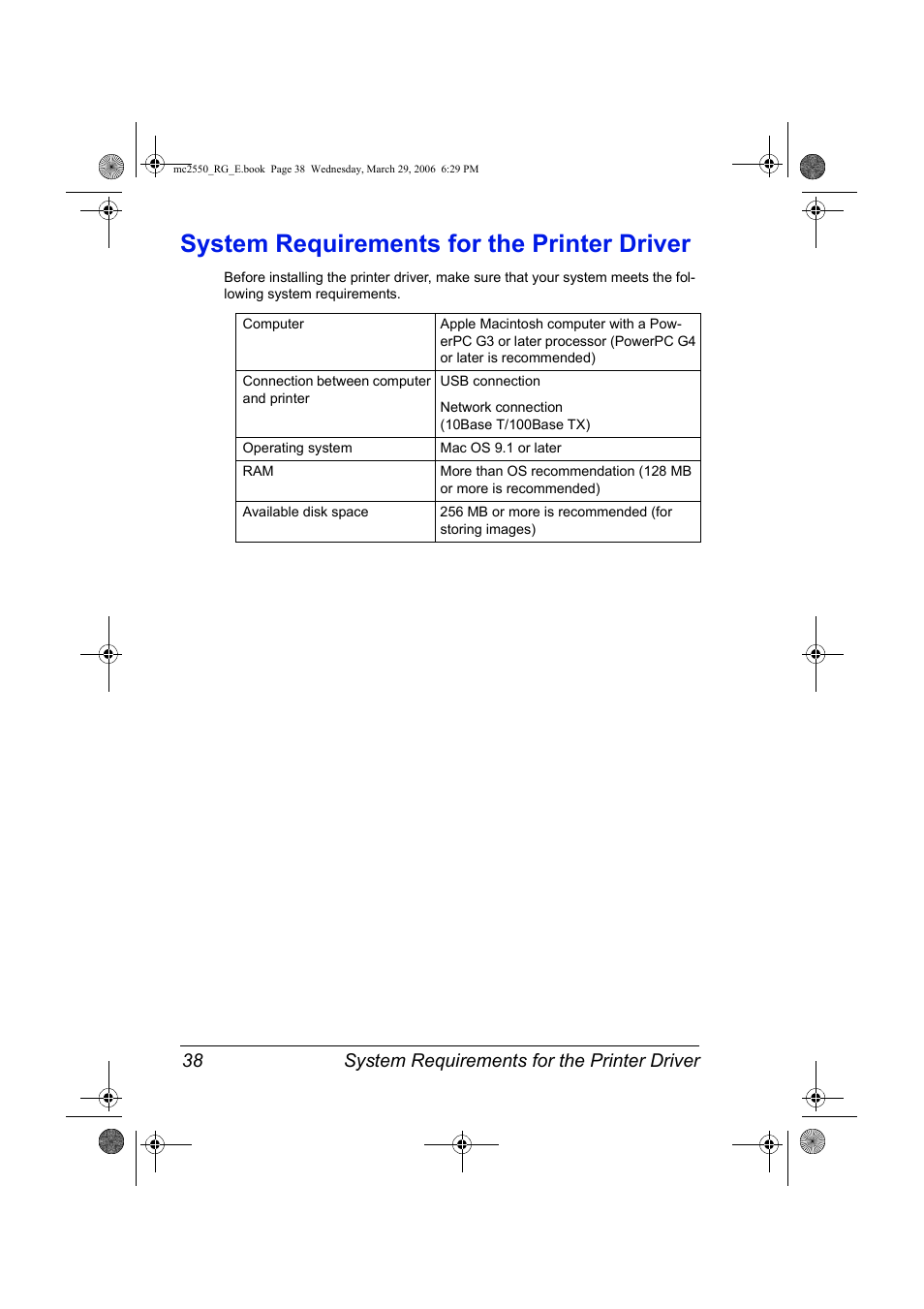 System requirements for the printer driver, System requirements for the printer driver 38 | Konica Minolta Magicolor 2550DN User Manual | Page 54 / 210