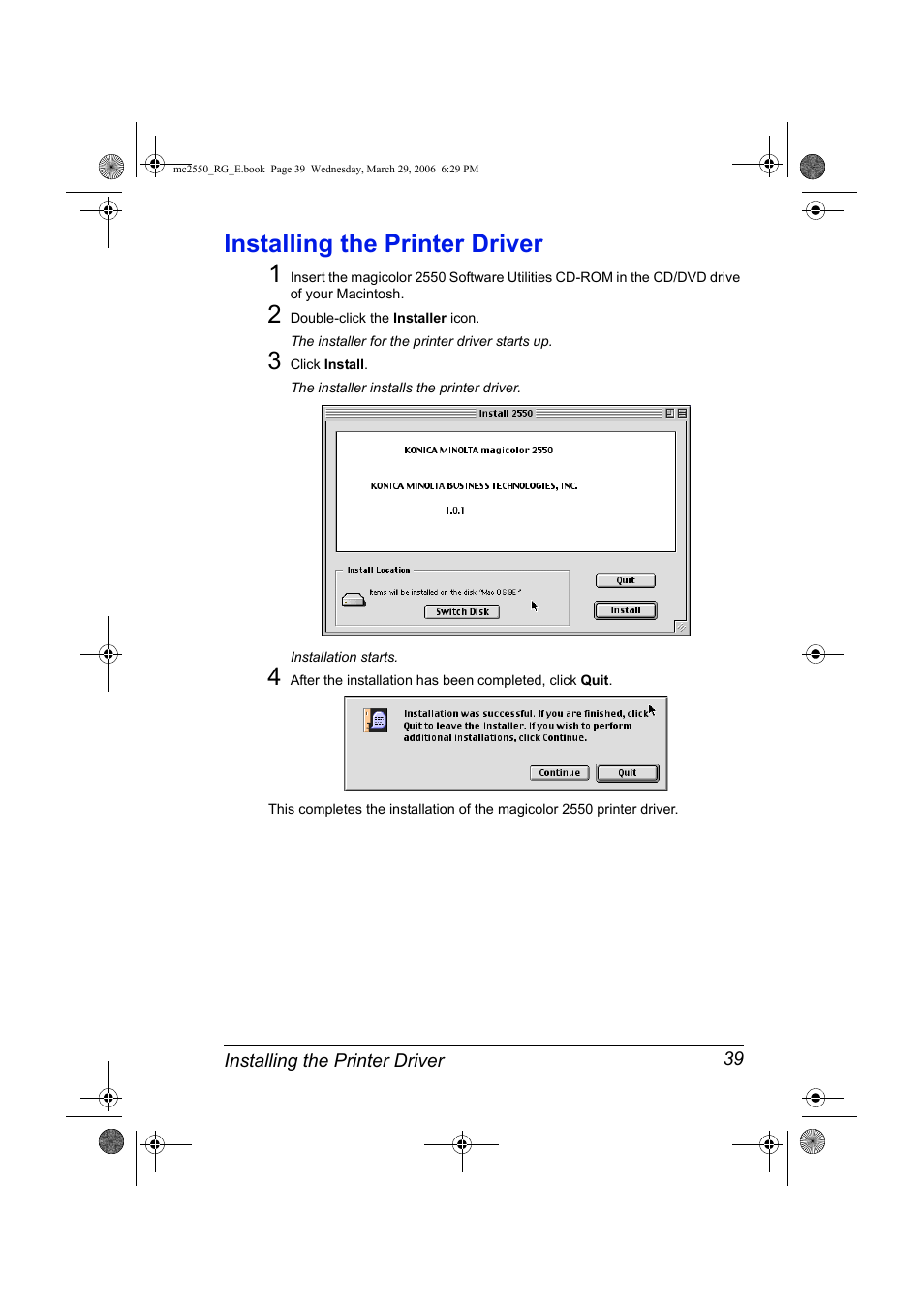 Installing the printer driver, Installing the printer driver 39, Installing the printer driver 1 | Konica Minolta Magicolor 2550DN User Manual | Page 55 / 210