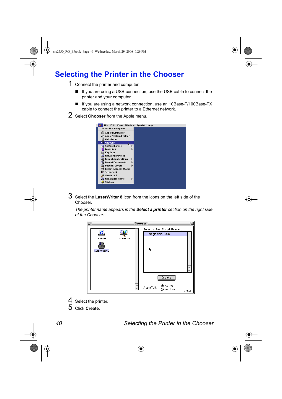 Selecting the printer in the chooser, Selecting the printer in the chooser 40, Selecting the printer in the chooser 1 | Konica Minolta Magicolor 2550DN User Manual | Page 56 / 210