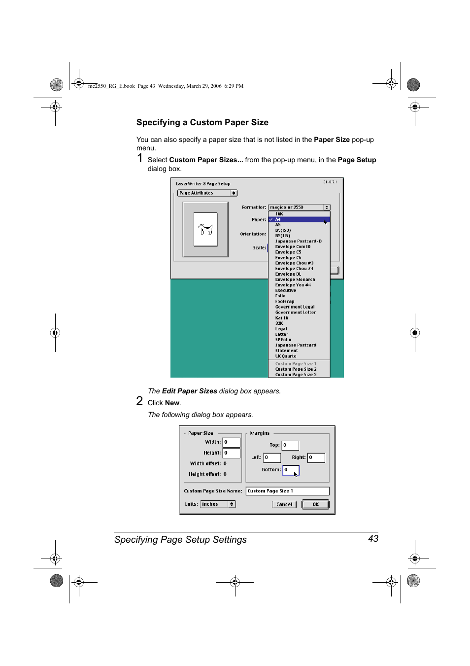 Specifying a custom paper size, Specifying a custom paper size 43 | Konica Minolta Magicolor 2550DN User Manual | Page 59 / 210