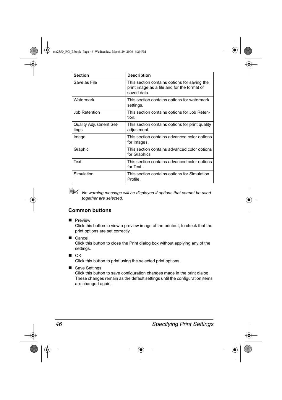 Common buttons, Common buttons 46, Specifying print settings 46 | Konica Minolta Magicolor 2550DN User Manual | Page 62 / 210