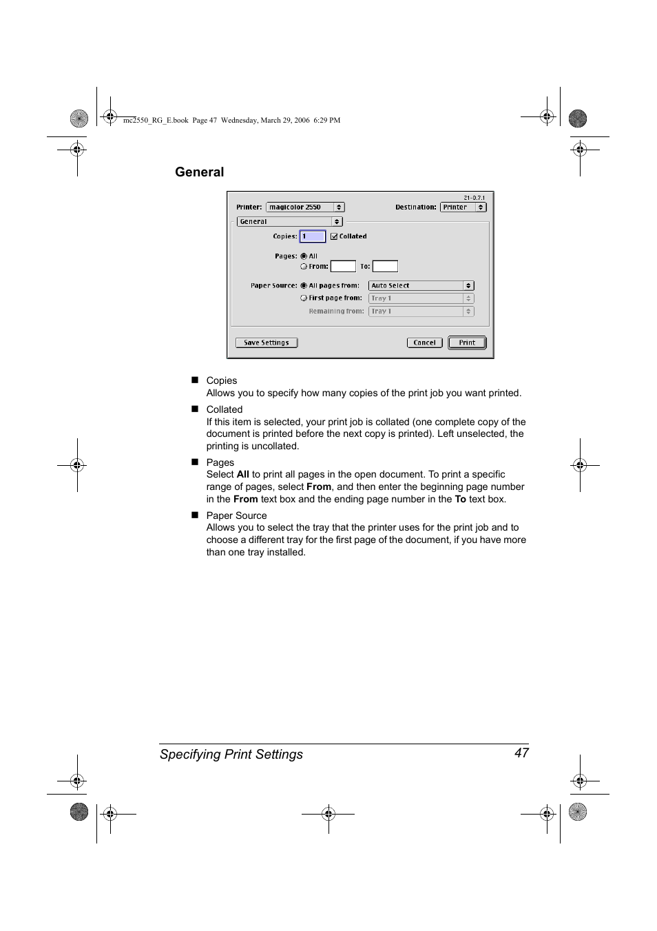 General, General 47, Specifying print settings 47 general | Konica Minolta Magicolor 2550DN User Manual | Page 63 / 210