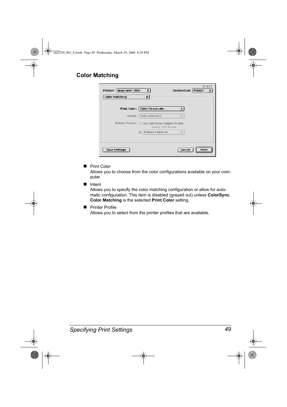Color matching, Color matching 49, Specifying print settings 49 color matching | Konica Minolta Magicolor 2550DN User Manual | Page 65 / 210