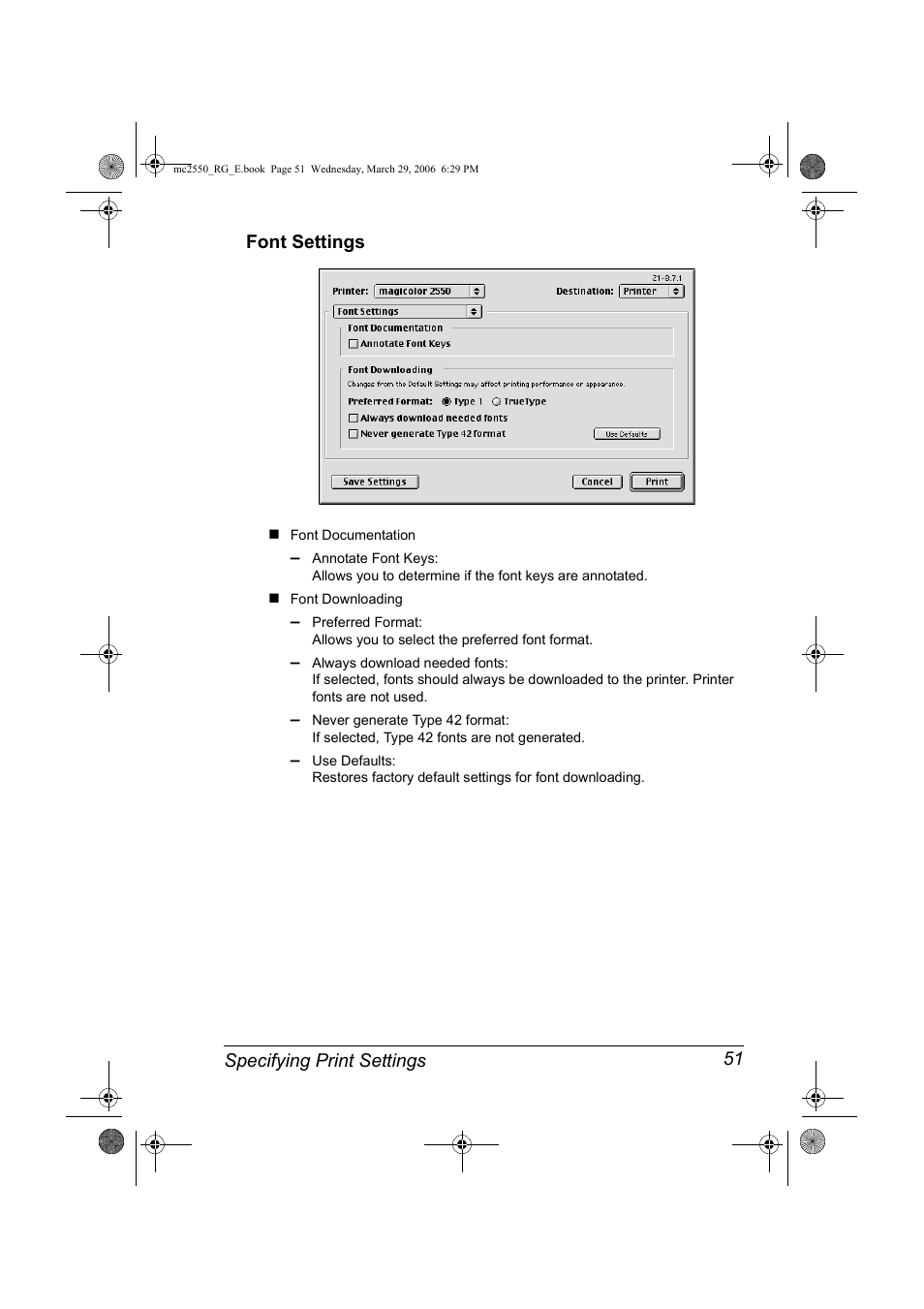 Font settings, Font settings 51 | Konica Minolta Magicolor 2550DN User Manual | Page 67 / 210
