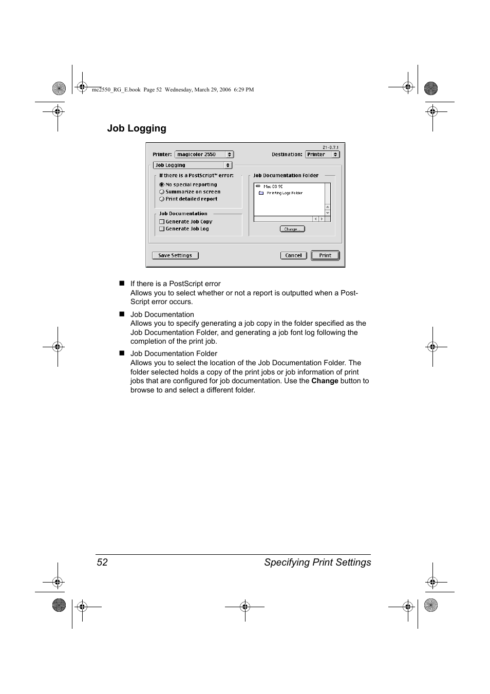 Job logging, Job logging 52, Specifying print settings 52 job logging | Konica Minolta Magicolor 2550DN User Manual | Page 68 / 210