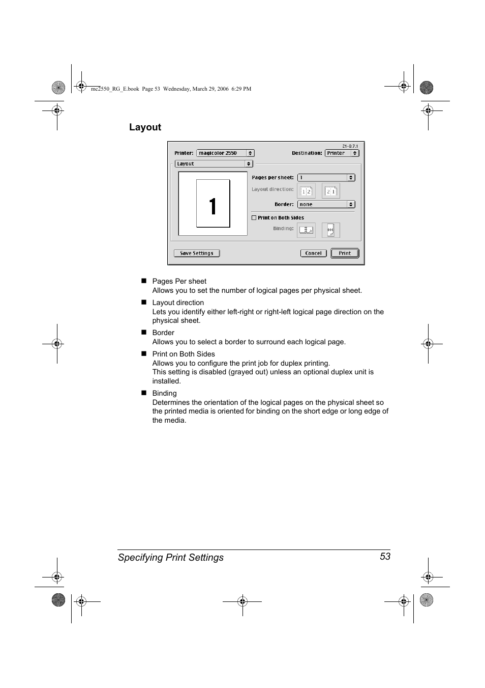 Layout, Layout 53, Specifying print settings 53 layout | Konica Minolta Magicolor 2550DN User Manual | Page 69 / 210