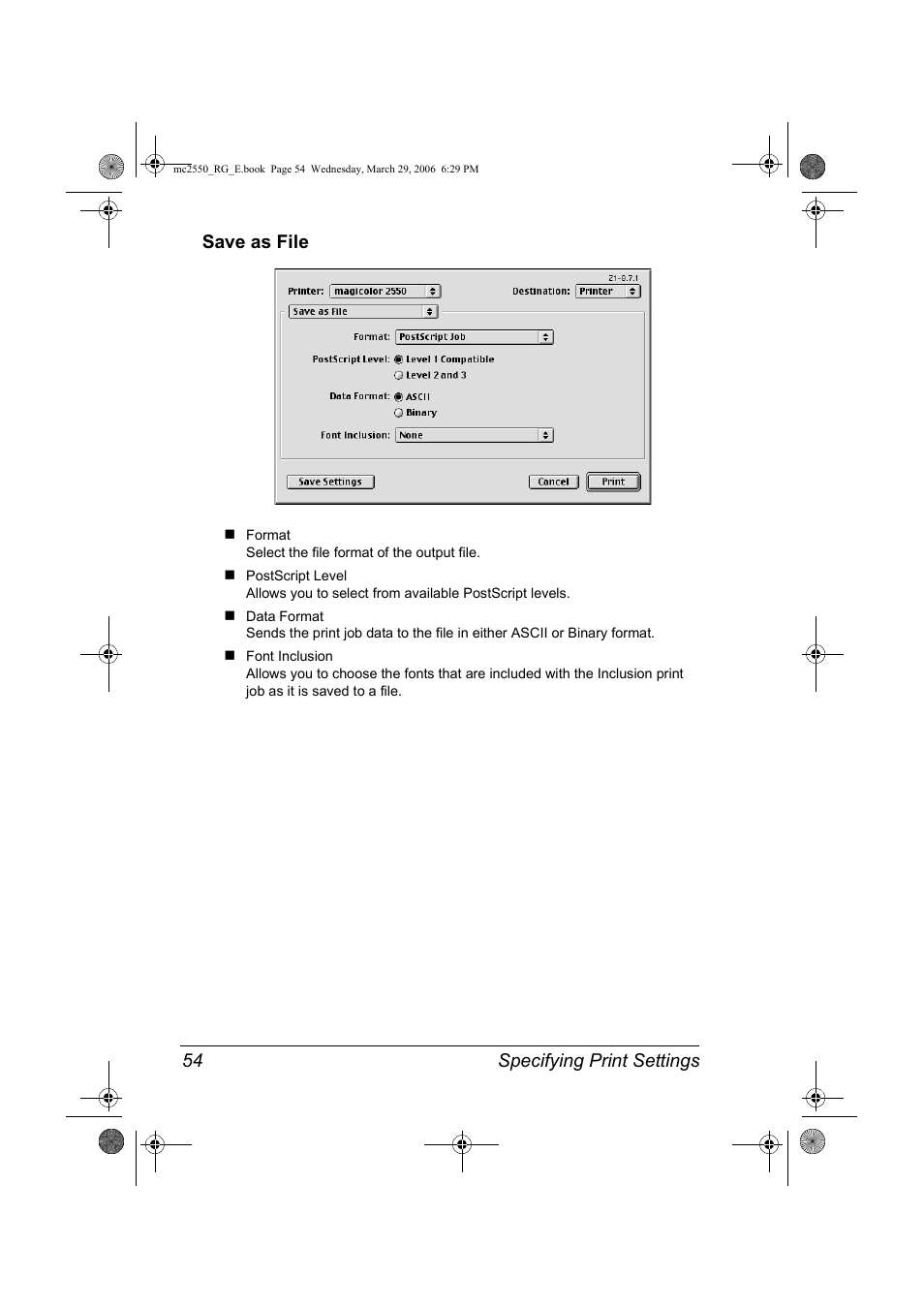 Save as file, Save as file 54, Specifying print settings 54 save as file | Konica Minolta Magicolor 2550DN User Manual | Page 70 / 210