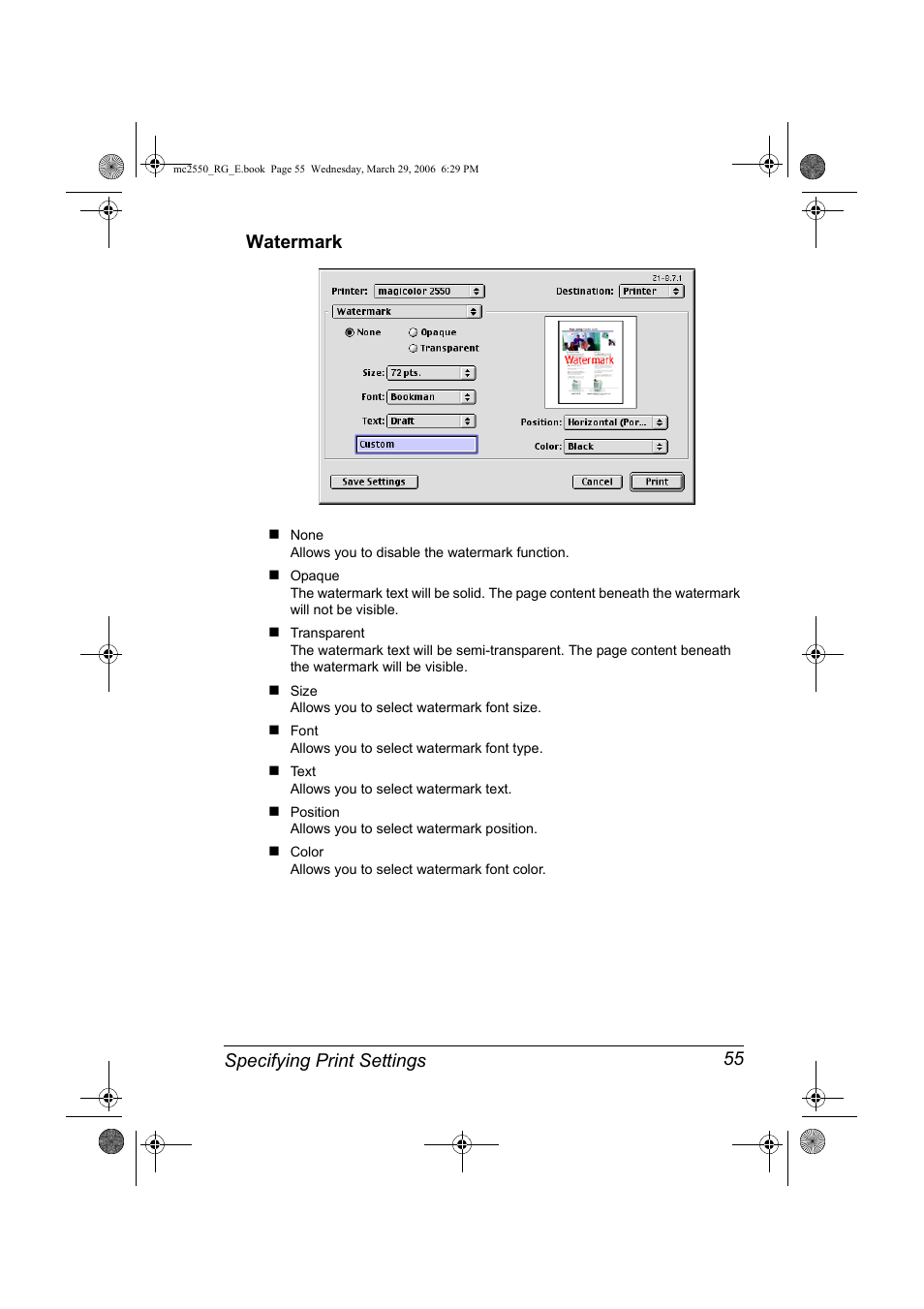 Watermark, Watermark 55, Specifying print settings 55 watermark | Konica Minolta Magicolor 2550DN User Manual | Page 71 / 210