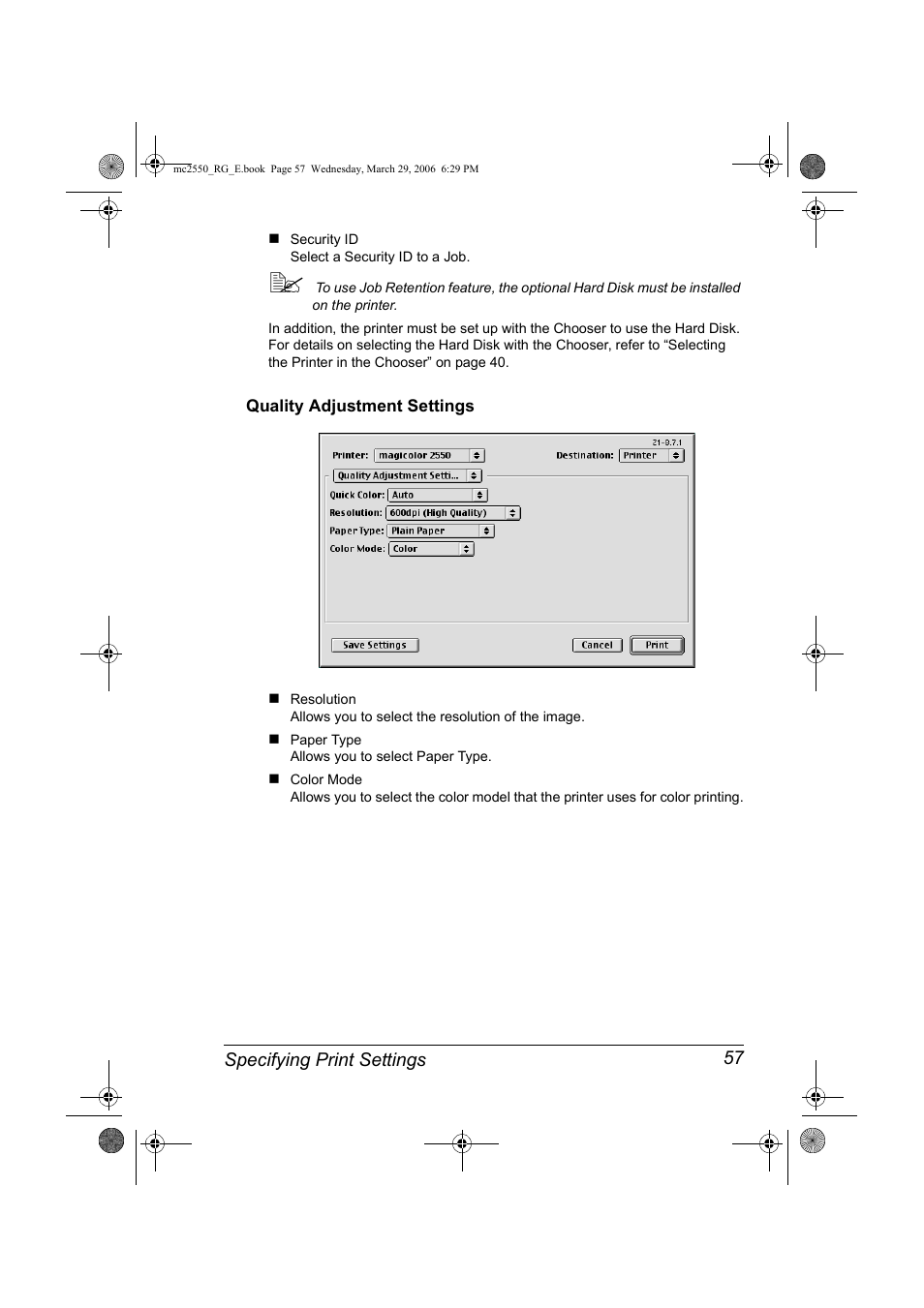 Quality adjustment settings, Quality adjustment settings 57 | Konica Minolta Magicolor 2550DN User Manual | Page 73 / 210