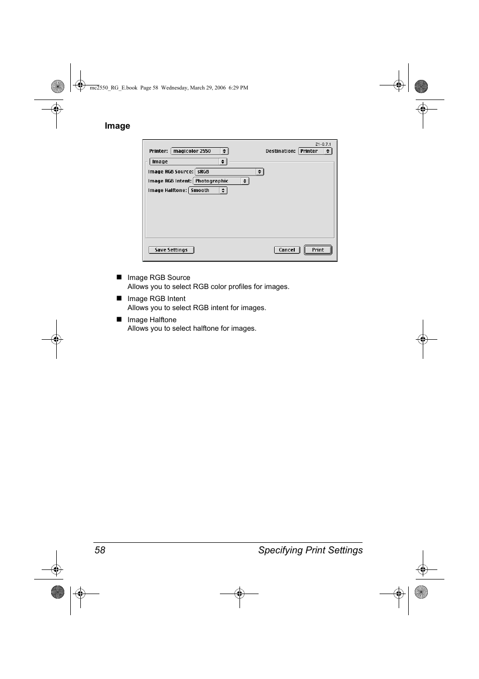 Image, Image 58, Specifying print settings 58 | Konica Minolta Magicolor 2550DN User Manual | Page 74 / 210