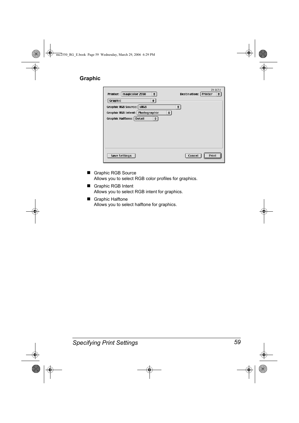 Graphic, Graphic 59, Specifying print settings 59 | Konica Minolta Magicolor 2550DN User Manual | Page 75 / 210