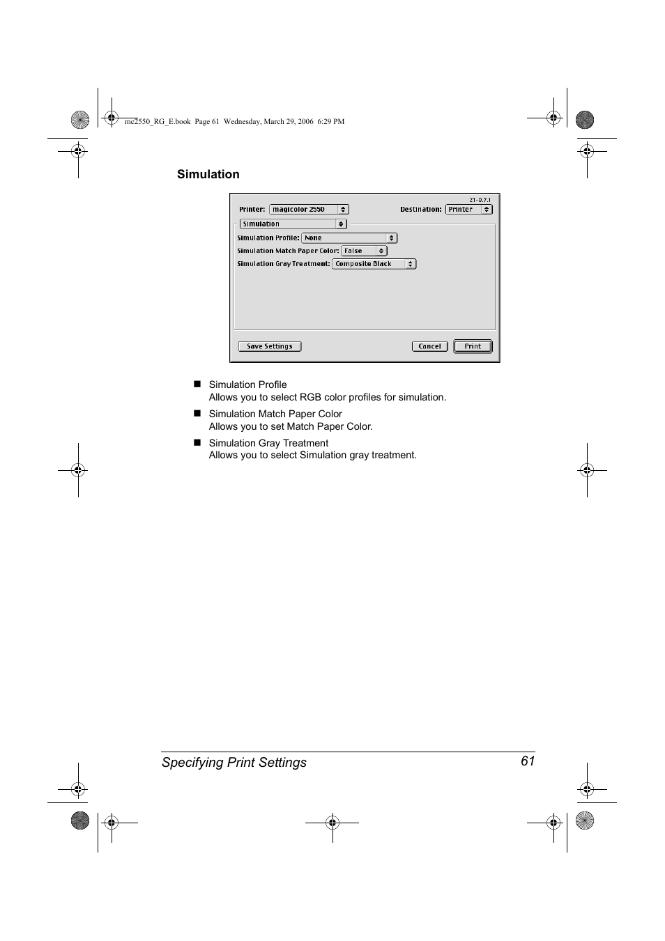 Simulation, Simulation 61, Specifying print settings 61 | Konica Minolta Magicolor 2550DN User Manual | Page 77 / 210