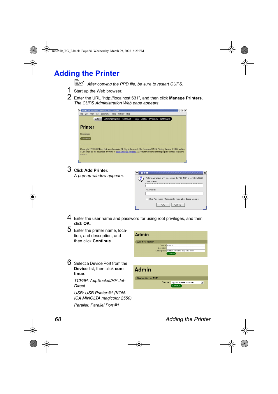 Adding the printer, Adding the printer 68 | Konica Minolta Magicolor 2550DN User Manual | Page 84 / 210