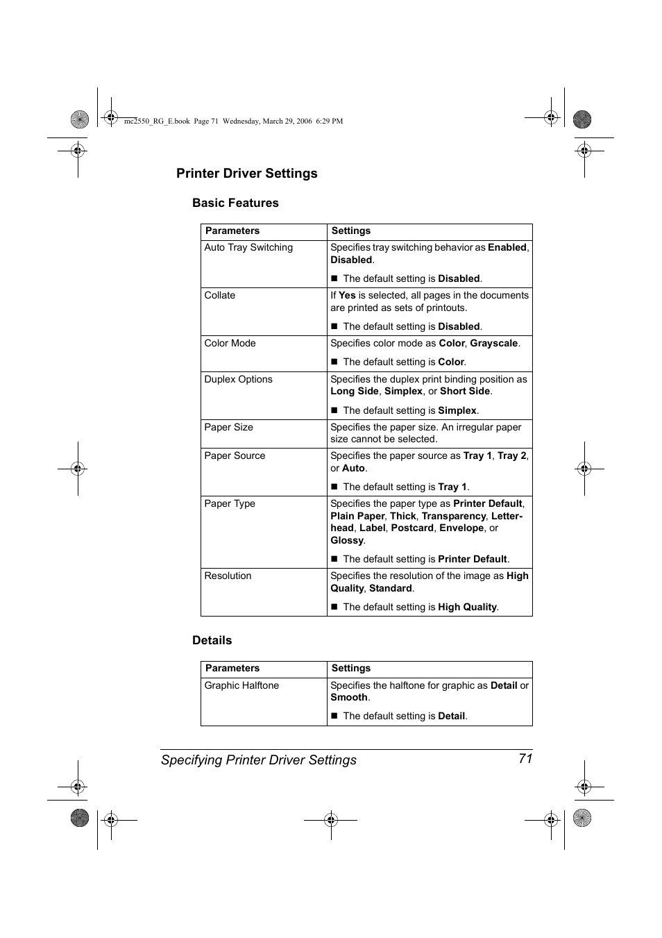 Printer driver settings, Basic features, Details | Printer driver settings 71, Basic features 71 details 71 | Konica Minolta Magicolor 2550DN User Manual | Page 87 / 210