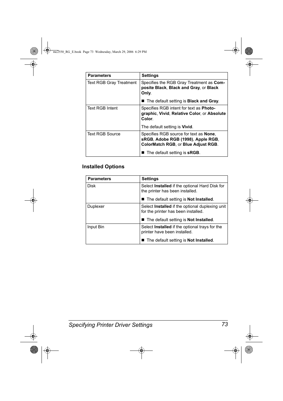 Installed options, Installed options 73, Specifying printer driver settings 73 | Konica Minolta Magicolor 2550DN User Manual | Page 89 / 210