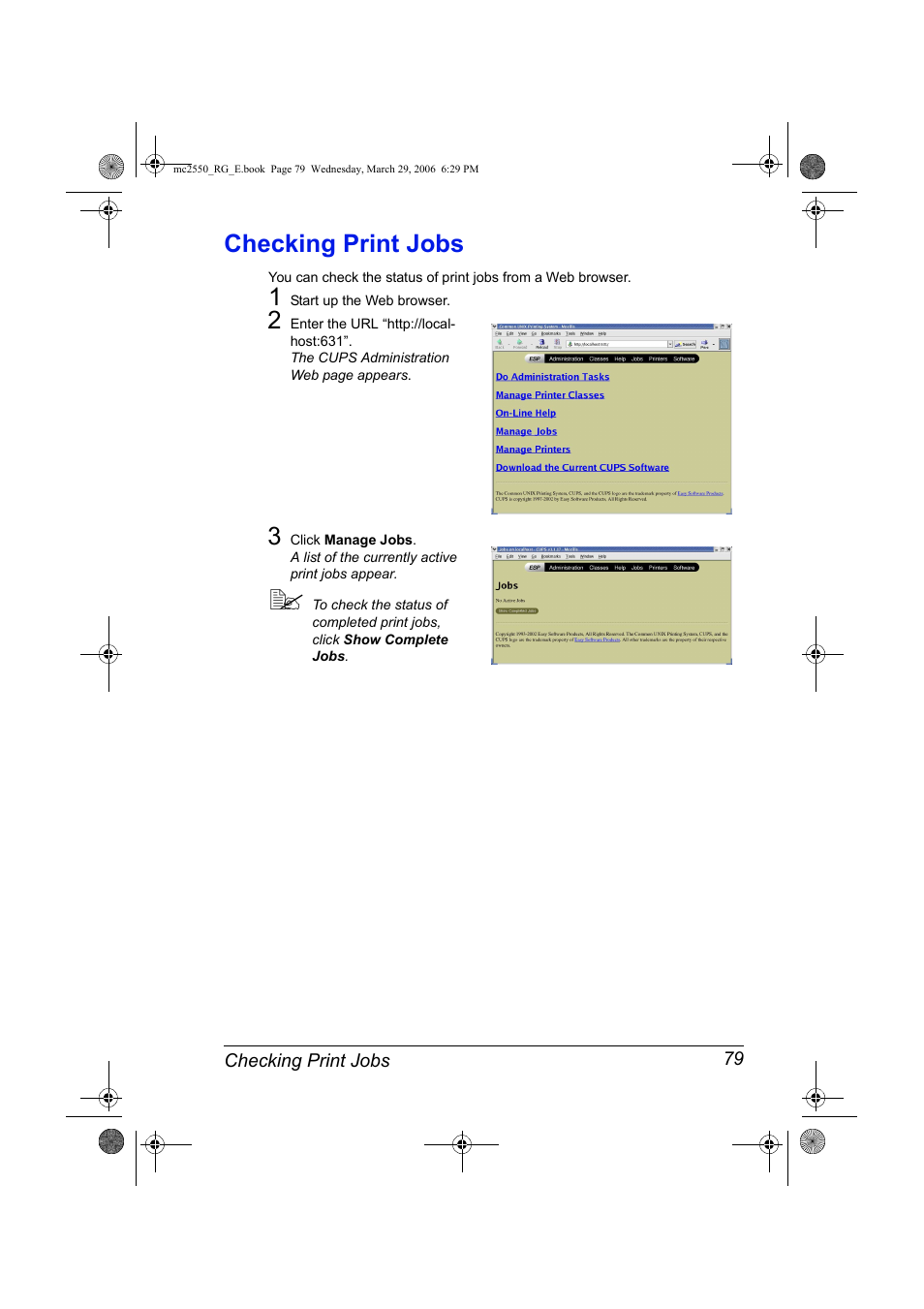 Checking print jobs, Checking print jobs 79 | Konica Minolta Magicolor 2550DN User Manual | Page 95 / 210