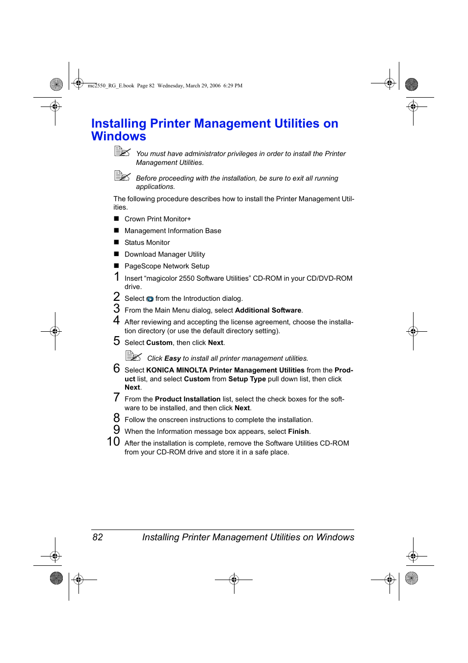 Installing printer management utilities on windows | Konica Minolta Magicolor 2550DN User Manual | Page 98 / 210