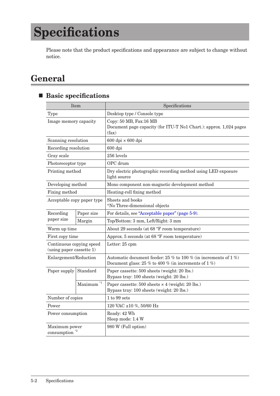 Specifications, General, Specifications -2 | General -2, Basic specifications | Konica Minolta bizhub 25e User Manual | Page 109 / 128