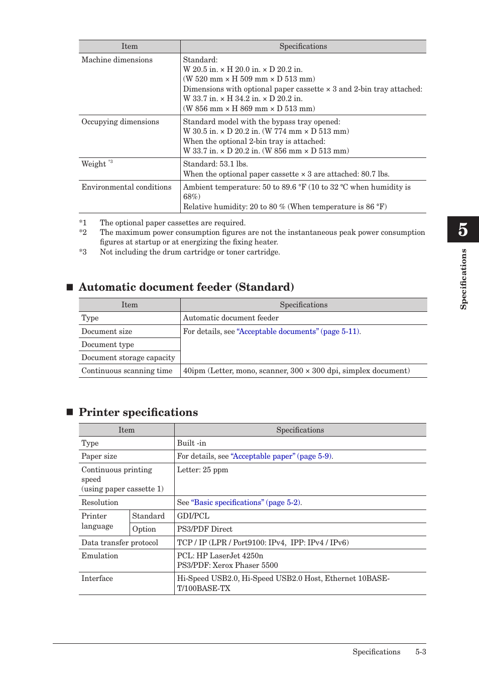 Automatic document feeder (standard), Printer specifications | Konica Minolta bizhub 25e User Manual | Page 110 / 128