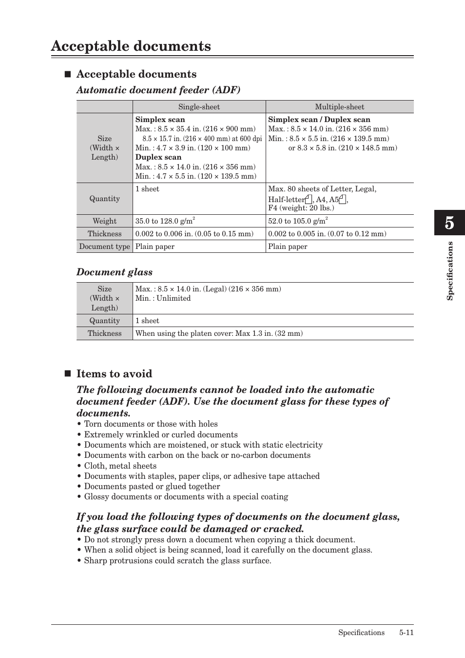 Acceptable documents, Acceptable documents -11, Items to avoid | Konica Minolta bizhub 25e User Manual | Page 118 / 128
