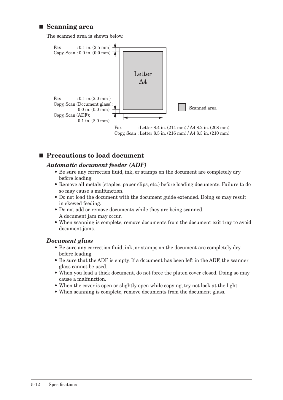 Scanning area, Precautions to load document, Letter a4 | Konica Minolta bizhub 25e User Manual | Page 119 / 128