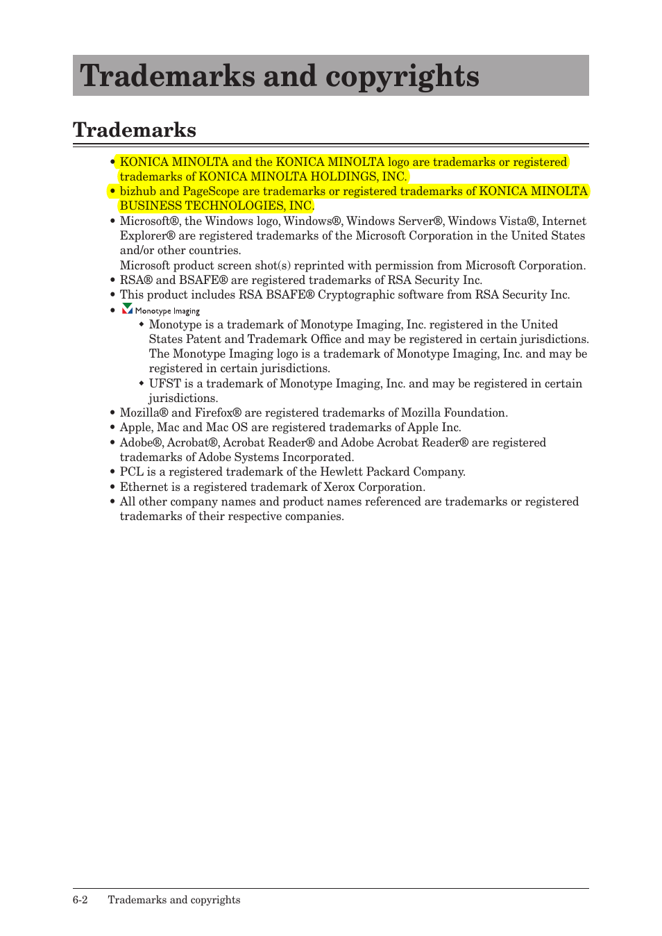 Trademarks and copyrights, Trademarks, Trademarks and copyrights -2 | Trademarks -2 | Konica Minolta bizhub 25e User Manual | Page 123 / 128