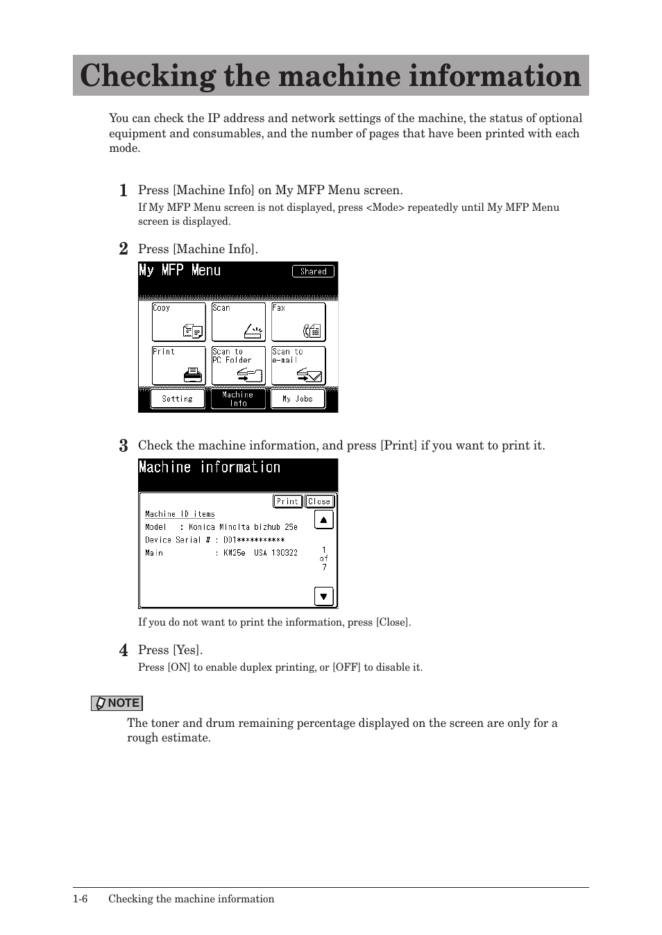 Checking the machine information, Checking the machine information -6 | Konica Minolta bizhub 25e User Manual | Page 19 / 128