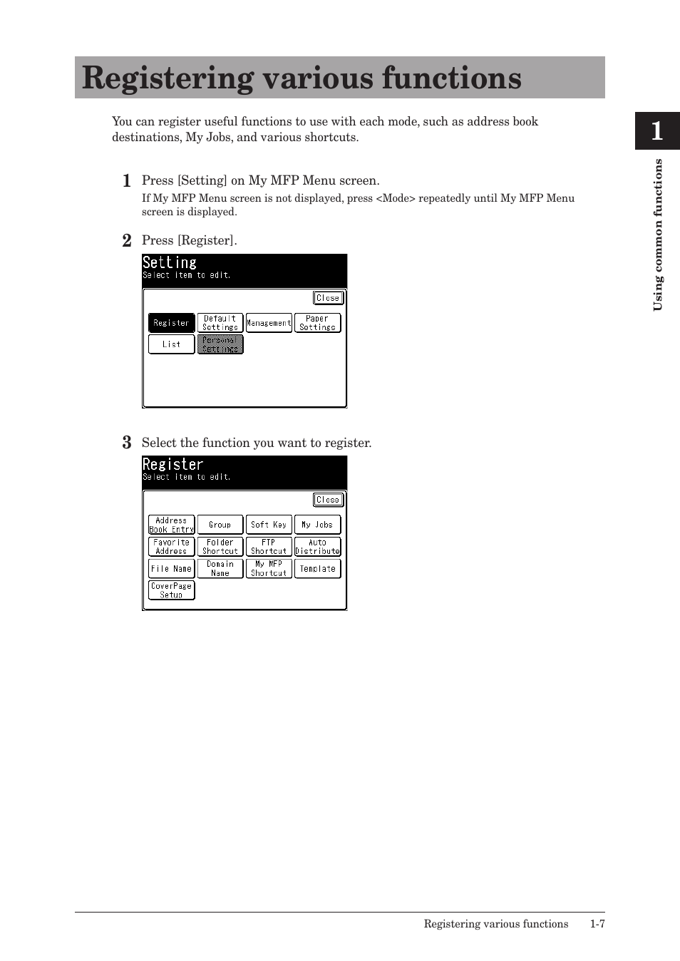 Registering various functions, Registering various functions -7 | Konica Minolta bizhub 25e User Manual | Page 20 / 128