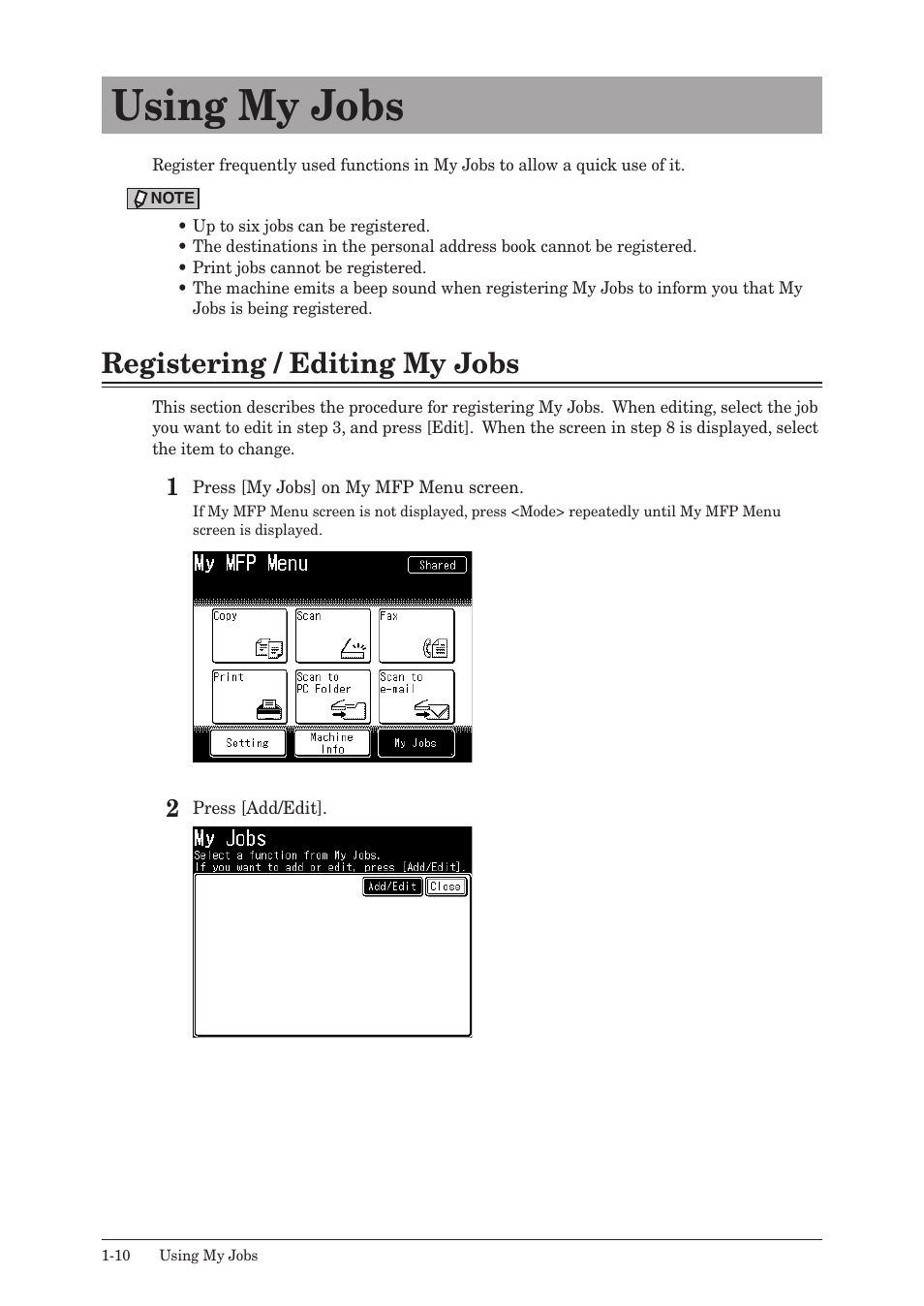 Using my jobs, Registering / editing my jobs, Using my jobs -10 | Registering / editing my jobs -10 | Konica Minolta bizhub 25e User Manual | Page 23 / 128