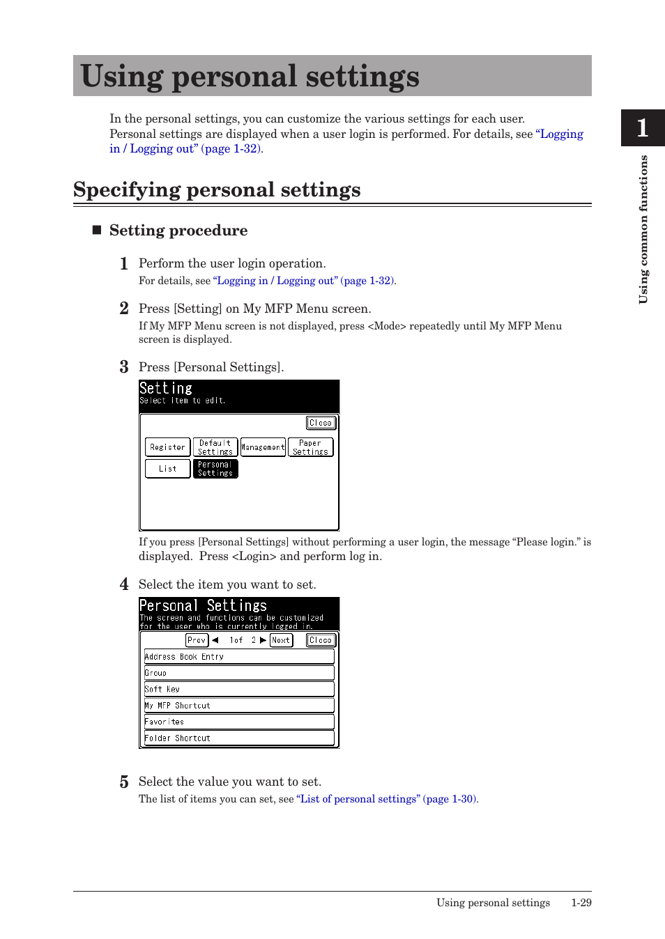 Using personal settings, Specifying personal settings, Using personal settings -29 | Specifying personal settings -29 | Konica Minolta bizhub 25e User Manual | Page 42 / 128