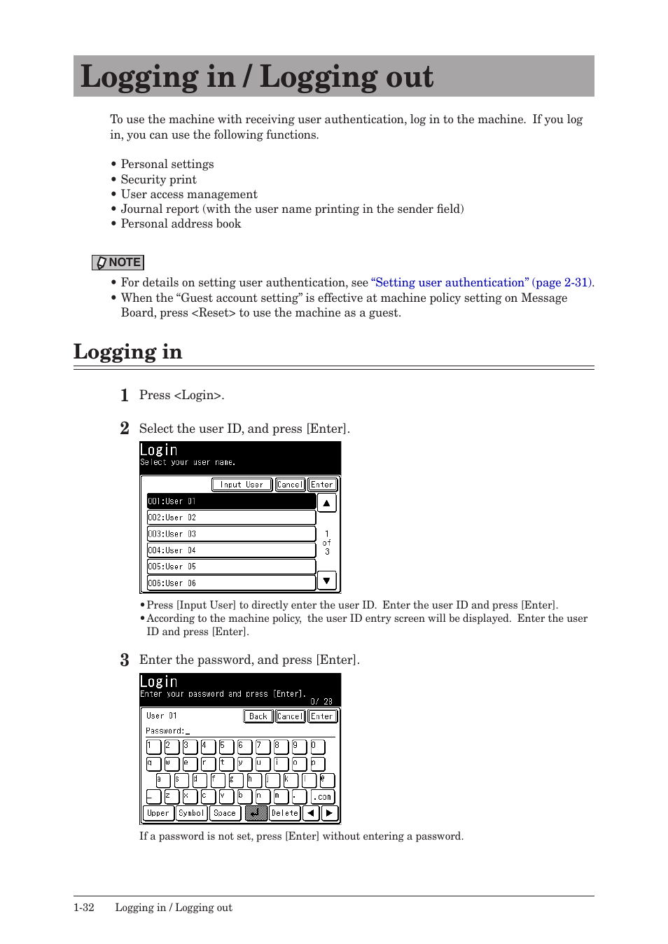 Logging in / logging out, Logging in, Logging in / logging out -32 | Logging in -32, Logging | Konica Minolta bizhub 25e User Manual | Page 45 / 128