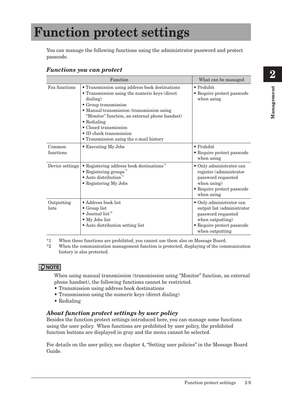 Function protect settings, Function protect settings -9, Functions you can protect | About function protect settings by user policy | Konica Minolta bizhub 25e User Manual | Page 56 / 128