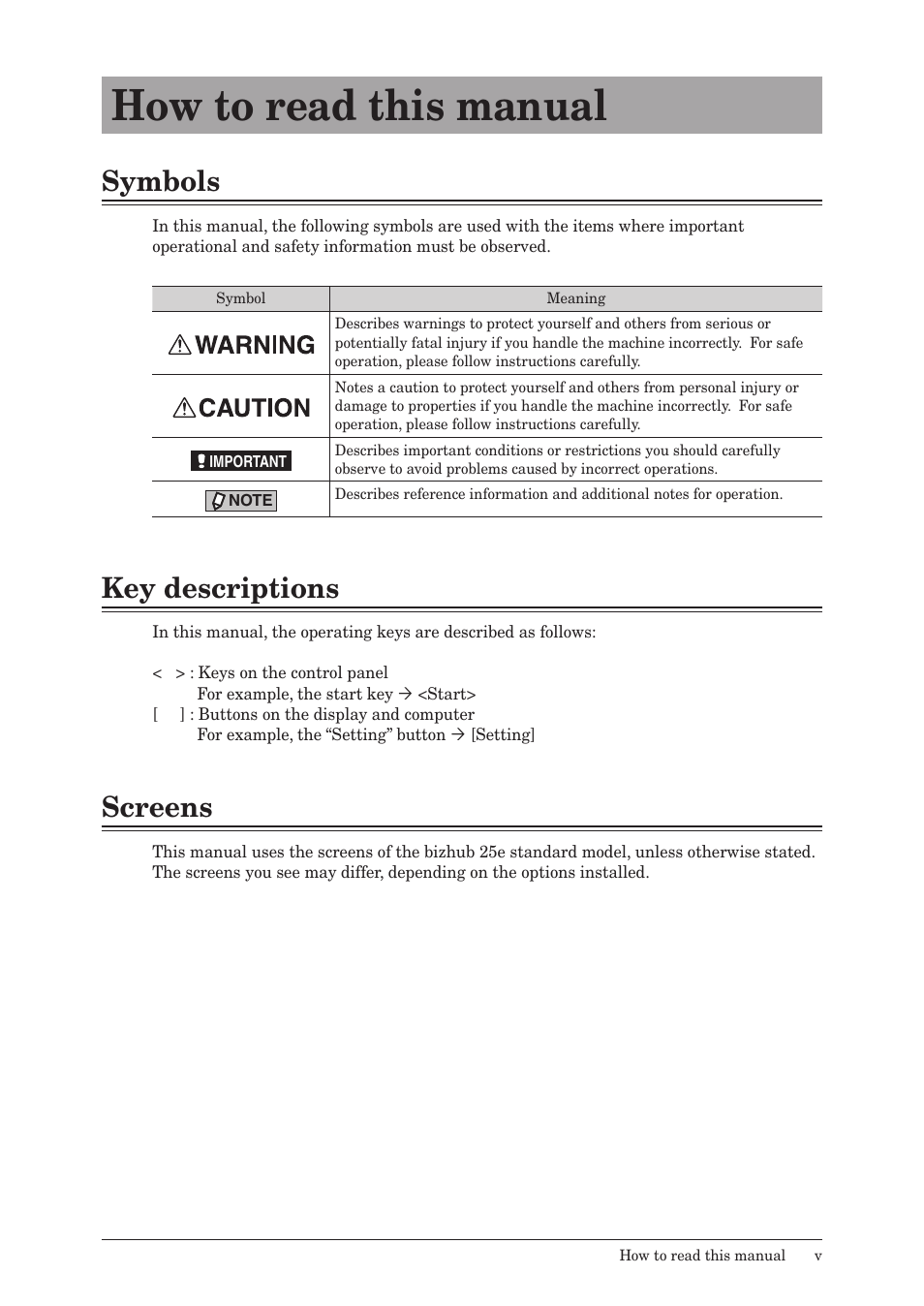 How to read this manual, Symbols, Key descriptions | Screens | Konica Minolta bizhub 25e User Manual | Page 6 / 128