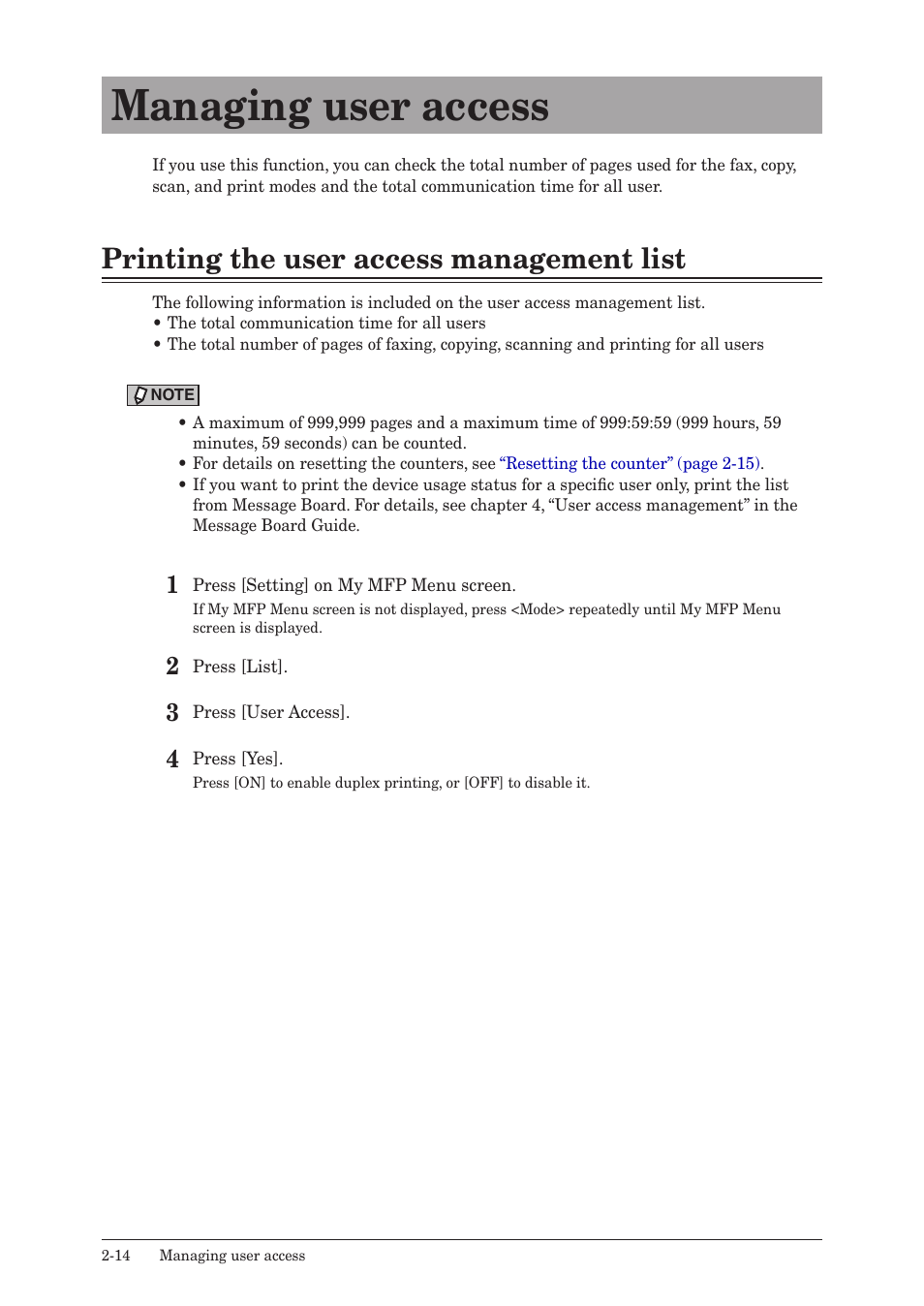 Managing user access, Printing the user access management list, Managing user access -14 | Printing the user access management list -14 | Konica Minolta bizhub 25e User Manual | Page 61 / 128