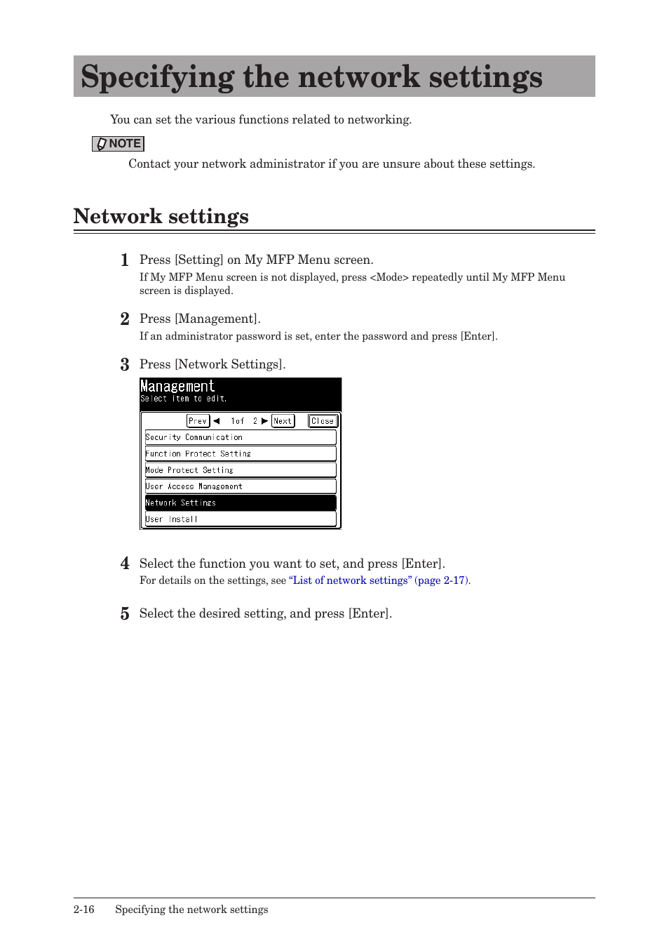 Specifying the network settings, Network settings, Specifying the network settings -16 | Network settings -16 | Konica Minolta bizhub 25e User Manual | Page 63 / 128