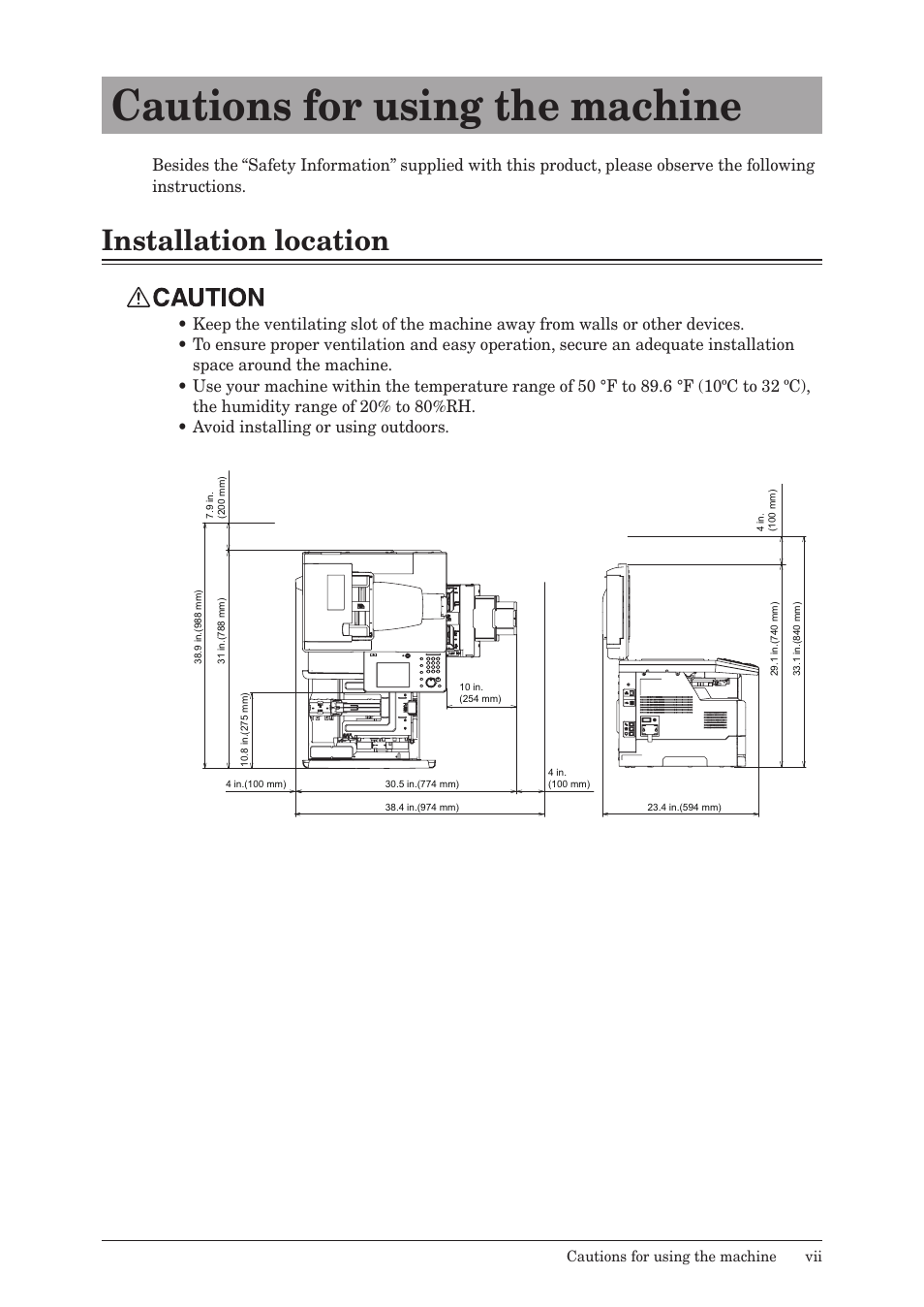 Cautions for using the machine, Installation location | Konica Minolta bizhub 25e User Manual | Page 8 / 128